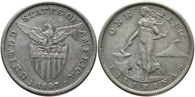 Филипинны 1 песо 1907 S, администрация США KM 172 серебро 1519-1342