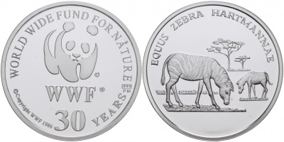 ЕВРОПА МЕДАЛЬ 1986 30 ЛЕТ WWF, ЗЕБРА, EQUUS ZEBRA HARTMANNAE серебро PROOF 00-00