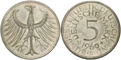 ФРГ 5 марок 1960 D KM 112.1 серебро    115-1236