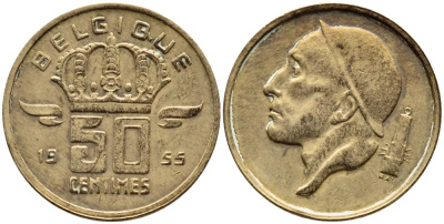 БЕЛЬГИЯ 50 САНТИМОВ 1955 BELGIQUE KM 144 бронза 4392-768