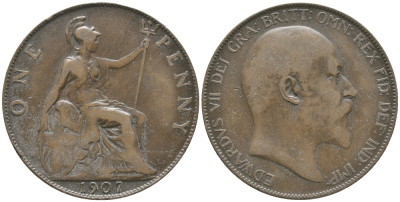 Великобритания 1 пенни 1907 Эдуард VII (1901-1910) KM 794.2, Spink 3990 бронза 32-445