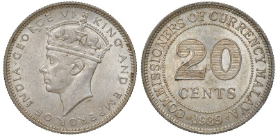 Британская Малайя 20 центов 1939 Георг VI (1937-1952) KM 5 серебро 53-333