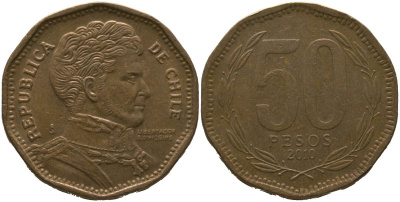 Чили 50 песо 2010 So KM 219.2, Schon 70 алюминиевая бронза 4544-427