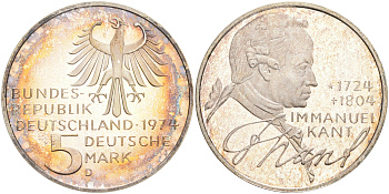 ФРГ 5 марок 1974 D, 250 лет со дня рождения Иммануила Канта KM 139 серебро PROOF 02-251-52