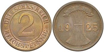 ГЕРМАНИЯ 2 РЕЙХСПФЕННИГA 1925 E KM 38, J. 314, Weege 4 бронза 206-861