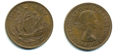 Великобритания 1/2 пенни 1966 Елизавета II (1952-2022) KM 896, Spink 4158 бронза 41-617