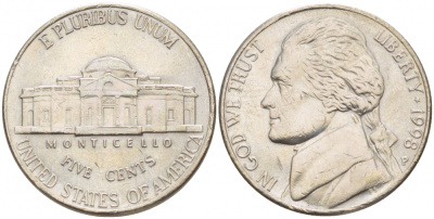 США 5 ЦЕНТОВ 1998 P ДЖЕФЕРСОН KM А192 медно-никель 4546-1226