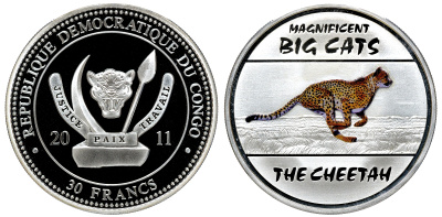 Конго набор из 4 монет по 30 франков 2011 серия 'Величественные крупные кошки', тигр, леопард, гепард, лев, вес каждой монеты 20 гр., тираж 3000 наборов, эмаль, в оригинальной деревянной коробке с сертификатом серебро PROOF 4-3-2-08