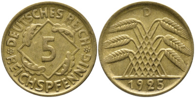 ГЕРМАНИЯ 5 РЕЙХСПФЕННИГОВ 1925 D, KM 39, J. 316 алюминиевая бронза 96-624