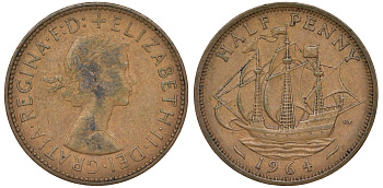 Великобритания 1/2 пенни 1964 Елизавета II (1952-2022) KM 896, Spink 4158 бронза 4681-624