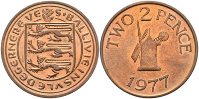 Гернси 2 пенса 1977 ветряная мельница KM 28 бронза UNC 4583-145