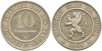 БЕЛЬГИЯ 10 САНТИМОВ 1861 BELGES KM 22 медно-никель 4448-814