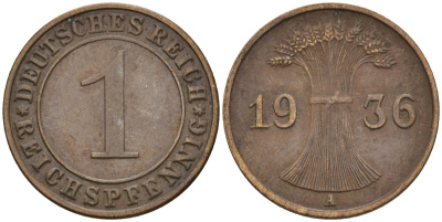 Германия 1 рейхспфенниг 1936 A KM 37, J. 313 бронза 4549-425