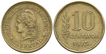 Аргентина 10 сентаво 1973 голова свободы влево KM 66, CJ 346, Schon 66 алюминиевая бронза    4609-1221