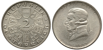 Австрия 2 шиллинга 1932 200 лет со дня рождения Йозефа Гайдна KM 2848 серебро 413-1823