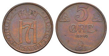 Норвегия 5 эре 1940 Хокон VII (1905-1957) KM 368 бронза 4657-216