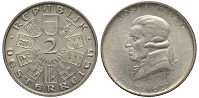 Австрия 2 шиллинга 1932 200 лет со дня рождения Йозефа Гайдна KM 2848 серебро 413-1823