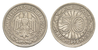 Германия 50 рейхспфеннигов 1927 A KM 49, J. 324 никель 4549-1132