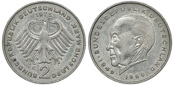 ФРГ 2 марки 1975 G, Конрад Аденауэр KM 124, J. 406 медно-никель плакированный никелем UNC 4681-1057