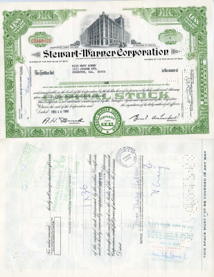 США 1 акция 1966 Стюарт-Уорнер, Stewart-Warner Corporation, производство автомобильных приборов   бумага   5547-13-1-2