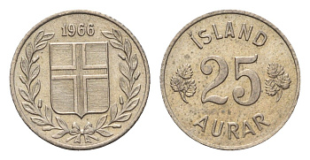 Исландия 25 эйре 1966 KM 11 медно-никель UNC 4690-642