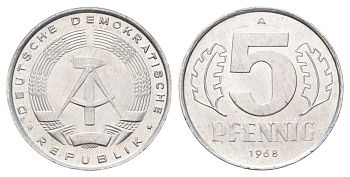 ГДР 5 пфеннигов 1968 A KM 9.1 алюминий 4697-616