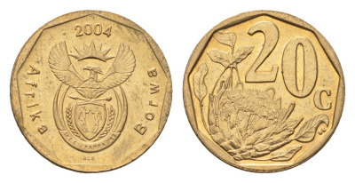 ЮАР 20 центов 2004 герб, цветок протея KM 328 сталь плакированная бронзой UNC 4687-562