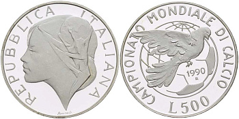 Италия 500 лир 1990 R, чемпионат мира по футболу в Италии 1990 года, голубь мира на фоне мяча KM 136 серебро PROOF 1074-10-45