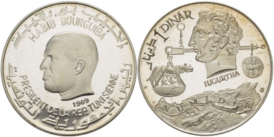 Тунис 1 динар 1969 Хабиб Бургиба, Югурта, царь Нумидии с  117 года до н.э. KM 294 серебро PROOF 00-00-00