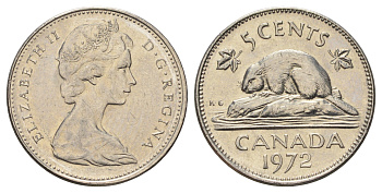 Канада 5 центов 1972 Елизавета II (1952-2022), бобр KM 60.1 никель 4689-364