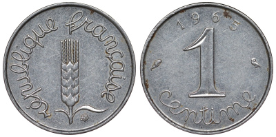 Франция 1 сантим 1965 пятая республика KM 928, Le Franc 106.10 нержавеющая сталь 4124-361