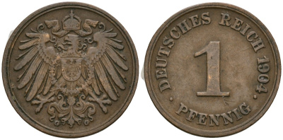 Германия 1 пфенниг 1904 G, Вильгельм II (1888-1918) KM 10, J. 10 медь 4608-233