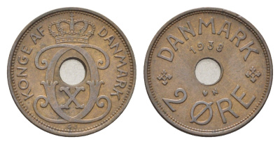 Дания 2 эре 1938 N, Кристиан X (1912-1947) KM 827 бронза 4701-859