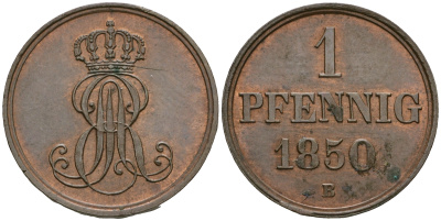Ганновер 1 пфенниг 1850 B, Эрнст Август (1837-1851) KM 201.1, AKS 129, J. 74 медь 4608-1067
