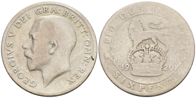 Великобритания 6 пенсов 1920 Георг V (1910-1936), пограничный год KM 815 или 815a.1, Spink 4014 или 4024 серебро серебро 4539-135 4588-611