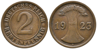 ГЕРМАНИЯ 2 РЕНТЕНПФЕННИГА 1923 D KM 31, J. 307 бронза 24-425