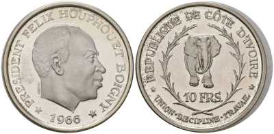 Кот-д'Ивуар 10 франков 1966 союз, дисциплина, работа KM 1серебро PROOF 11-226-34