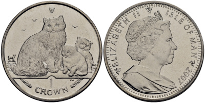 Остров Мэн 1 крона 2007 кошка рэгдолл с котятами КМ 1307.1 медно-никель UNC 118-232