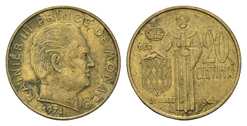 Монако 20 сантимов 1974 Ренье III (1949-2005) KM 143 медь алюминий никель 53-324