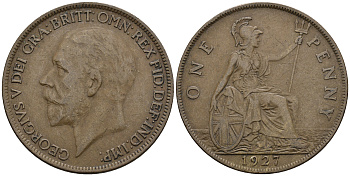 Великобритания 1 пенни 1927 Георг V (1910-1936) КМ 826, Spink 4054 бронза 3460-445
