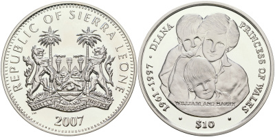 Сьерра-Леоне 10 долларов 2007 10 лет со дня смерти Принцессы Дианы KM 338 серебро PROOF 1068-2-23