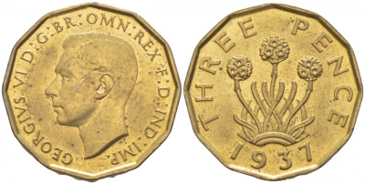 Великобритания 3 пенса 1937 Георг VI (1936-1952) KM 849, Spink 4112 никель латунь UNC 4546-1235