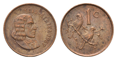 ЮАР 1 цент 1967 Ян ван Рибек (1619-1677), Suid Africa, легенда на африкаанс, капские воробьи KM 65.2 бронза 4690-1165