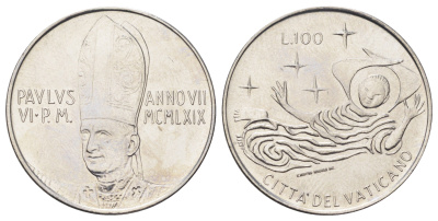 Ватикан 100 лир 1969 MCMLXIX, год-тип KM 114 нержавеющая сталь UNC 4700-643