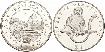 Эритрея 1 доллар 1994 серия берегите планету Земля, колобус (обезьяна) KM 17 медно-никель UNC M20-10