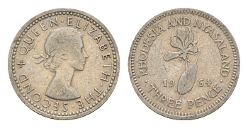Родезия и Ньясаленд 3 пенса 1964 Елизавета II (1952-2022), цветок глориоза KM  3 медно-никель    4640-929