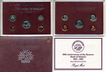 Малави набор из 5 монет 1985 20 лет Банку Малави, официальный набор в пластике, с сертификатом, в коробке KM PS 4 PROOF 14-01-02-09