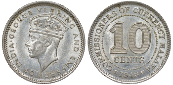 Британская Малайя 10 центов 1943 Георг VI (1937-1952) KM 4a серебро 53-238