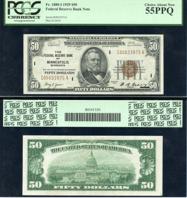 США 50 долларов 1929 I (Миннеаполис), в слабе PCGS 55 PPQ Choice About New Pick 398I, Fr. 1880-I  бумага  aUNC 452-3-39