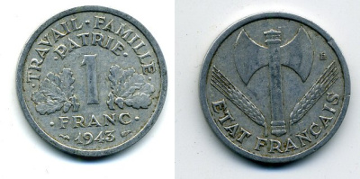 ФРАНЦИЯ 1 ФРАНК 1943 LB, ТИП LEGERE, ПРАВИТЕЛЬСТВО ВИШИ KM 902.1, LE FRANC 223.3 алюминий 37-1013